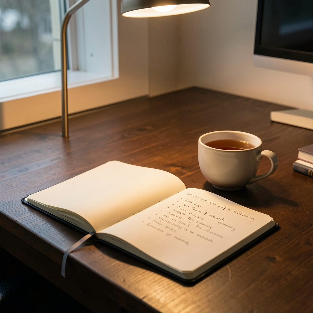 Notebook open on a wooden desk beside a lamp, handwritten session notes visible, quiet editorial workspace at dusk