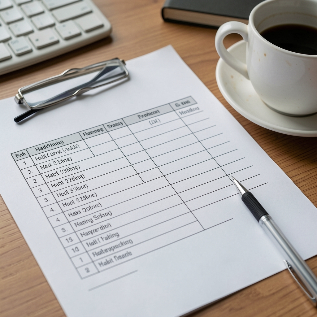 Close-up of a printed habit-tracking spreadsheet on a desk, with a mechanical pencil and a half-empty coffee cup, suggesting active working session