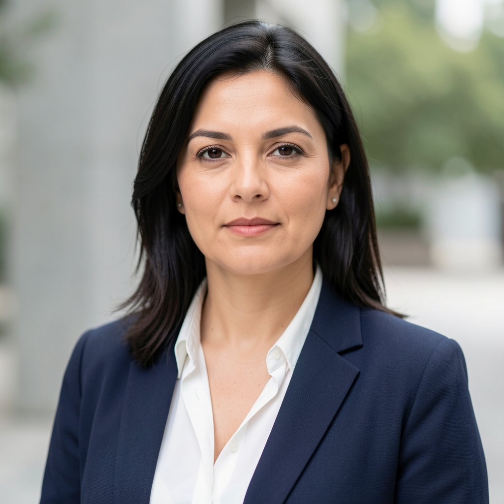 Professional portrait of a woman in her late thirties with dark hair, photographed in a neutral light studio, calm and focused expression
