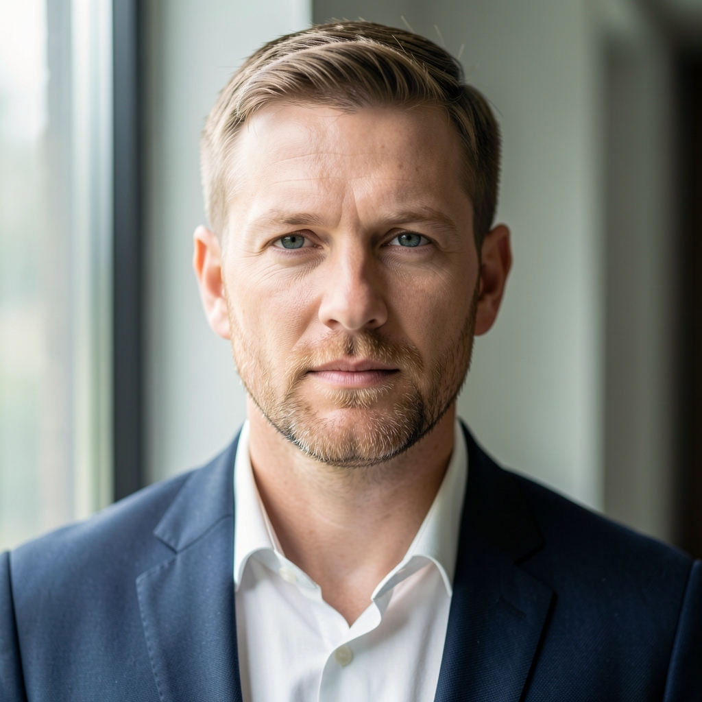 Professional portrait of a man in his early forties with short hair and light beard, photographed near a window with diffused natural light, thoughtful expression