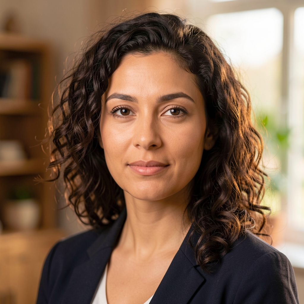 Professional portrait of a woman in her early thirties with natural hair, photographed in a warm indoor setting, relaxed and attentive expression