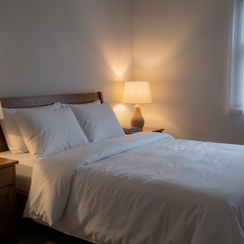 Dimly lit bedroom with crisp white linen bedsheets, soft warm lamp glow casting long shadows on the wall, tranquil pre-sleep atmosphere
